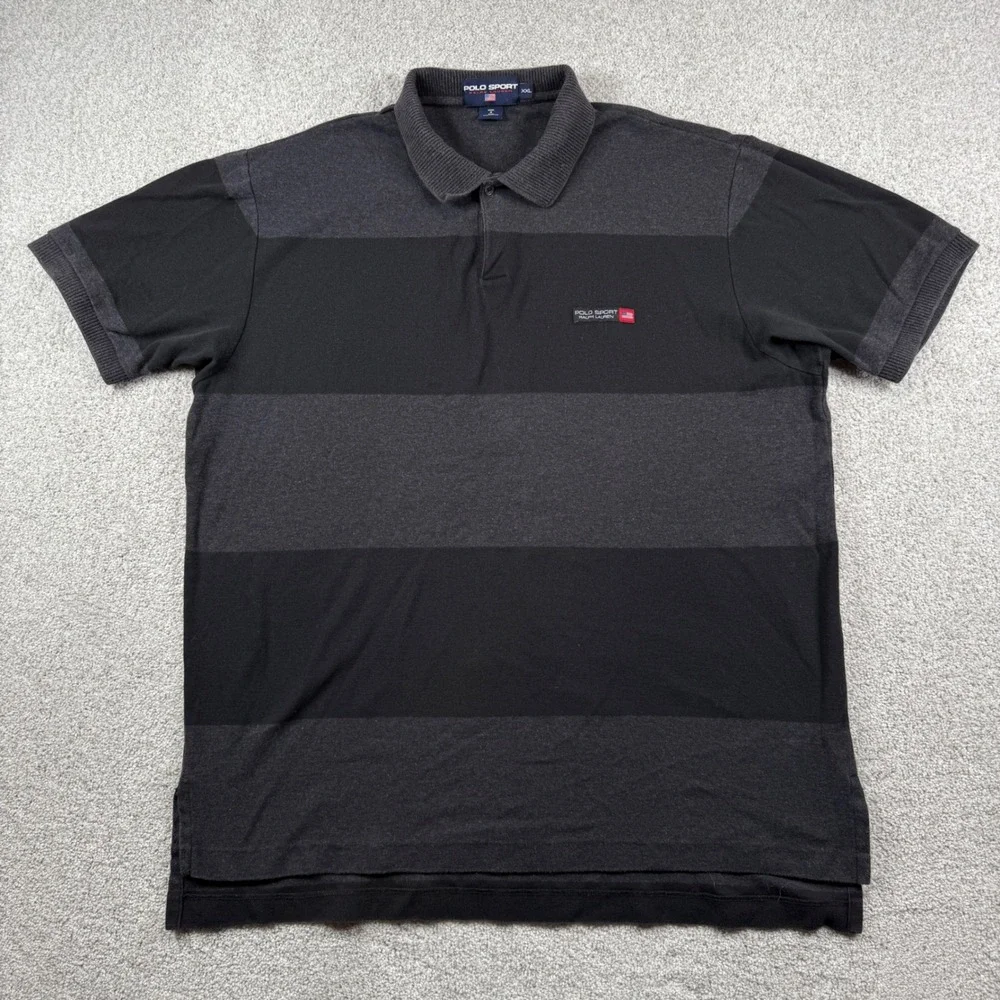 Polo Sport Polo Shirt Mens XXL Black Gray Striped Short‎ Sleeve Vintage Patch